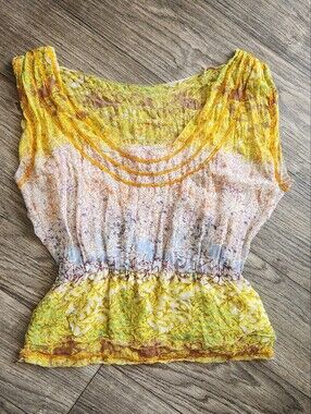Diane Von Furstenberg DVF Y2K Silk Beaded Floral Yellow Blouse Size 8